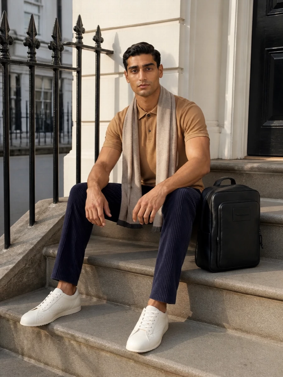 Emporio armani camel polo navy trousers outfit