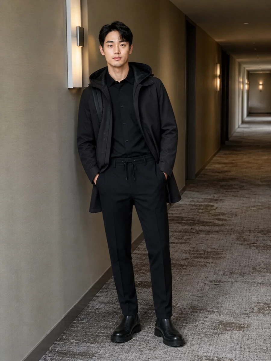 Herno parka chelsea boots tailored trousers