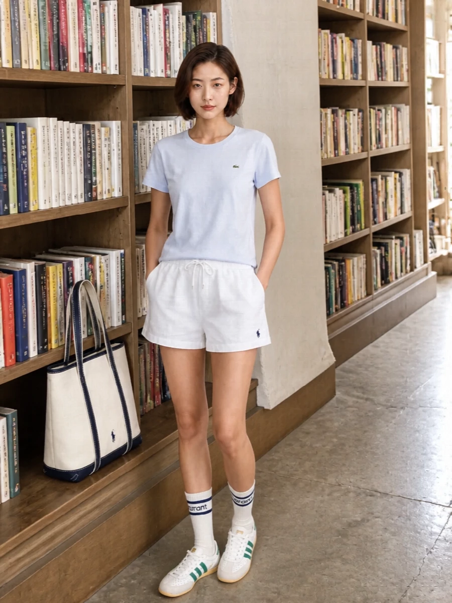Pale blue jersey meets sharp white pull-on shorts for a clean, collegiate summer pairing. Heritage sneakers and striped sport socks quietly echo the crocodile green, while a structured canvas tote brings just enough East Coast polish. It is an easy, tennis-club-adjacent uniform made for bright days in the city or by the coast.