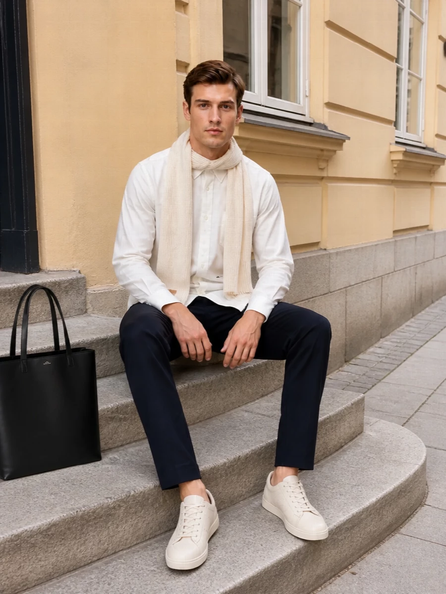 Apc shirt navy trousers cream sneakers