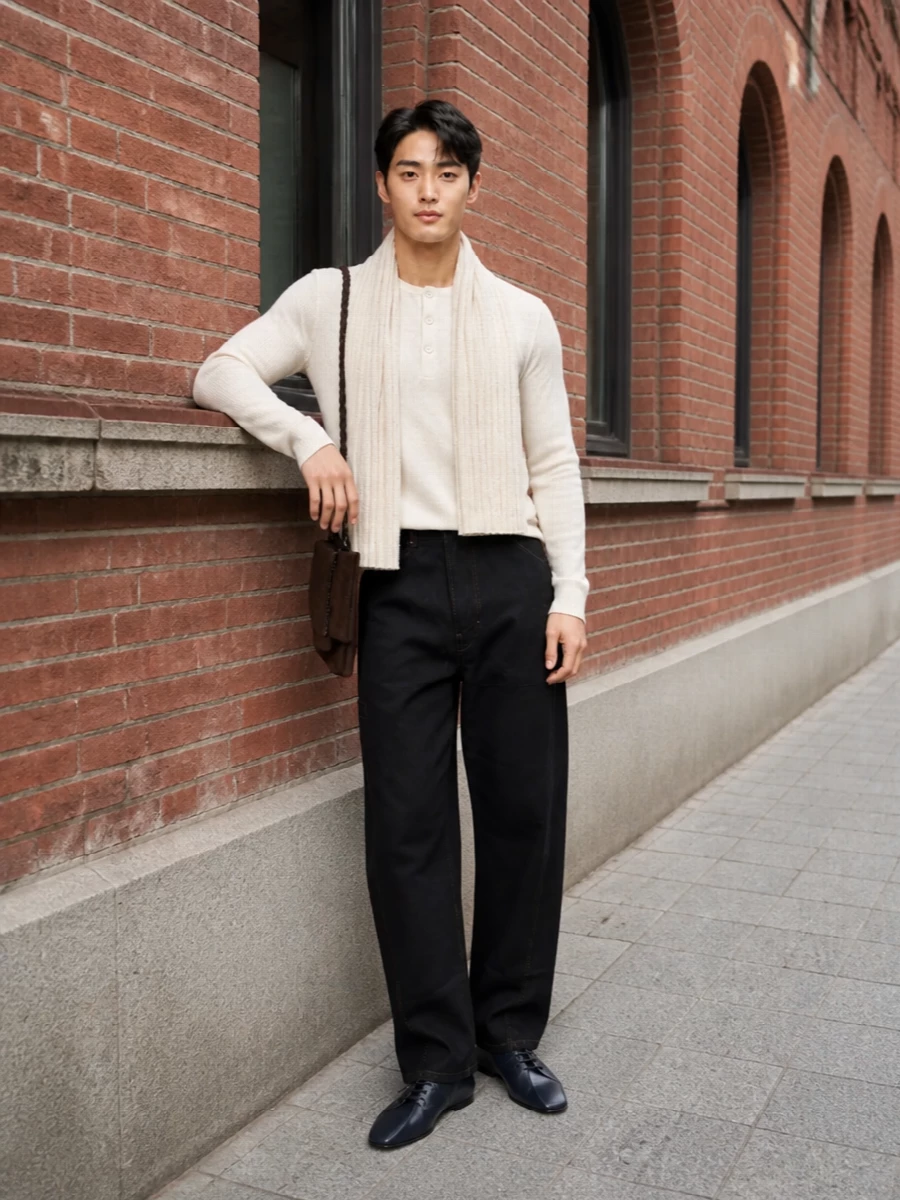 Lemaire henley black trousers navy derby shoes