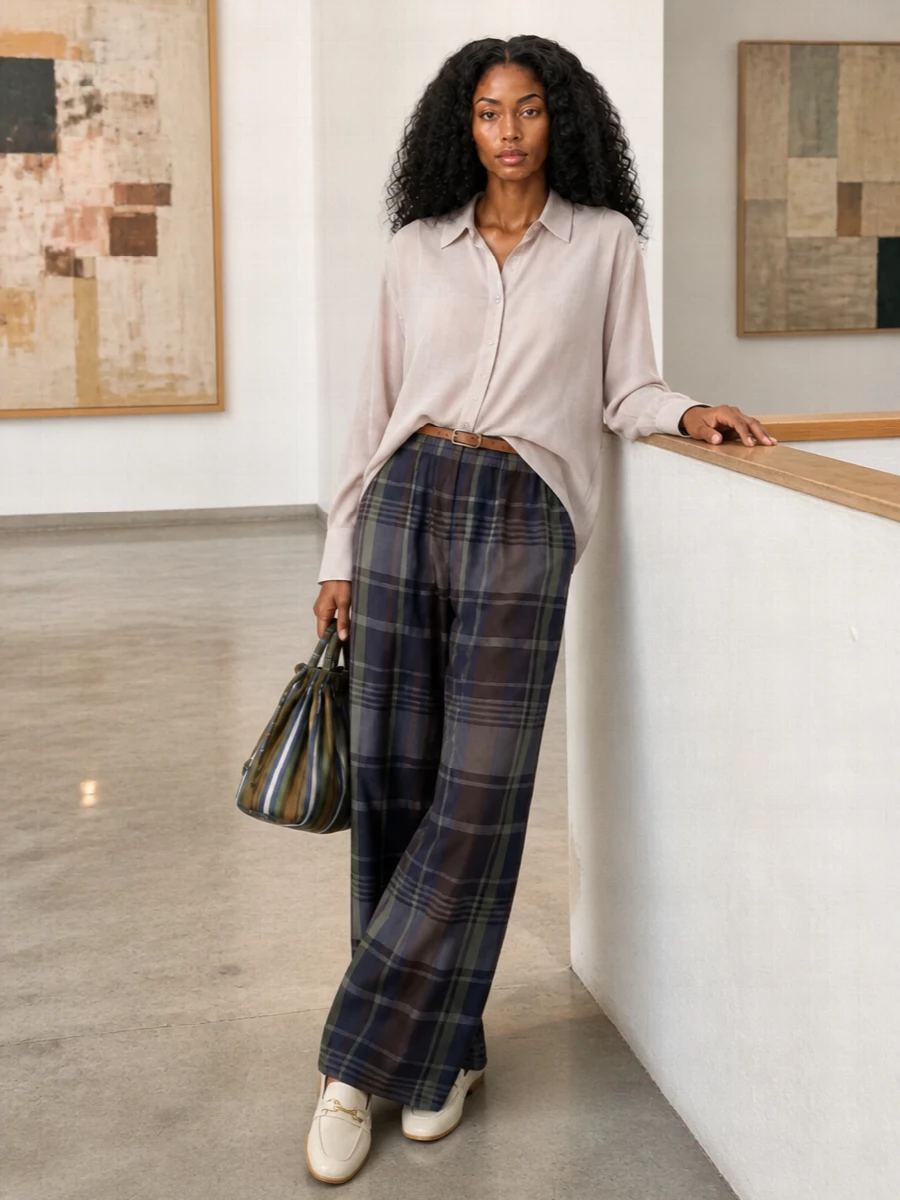 Sheer plaid wide-legs meet an equally weightless taupe shirt for a soft, draped take on city preppy. A slim camel belt and cream loafers sharpen the ease just enough, while the striped pouch quietly picks up the navy and olive tones for a pulled-together finish.