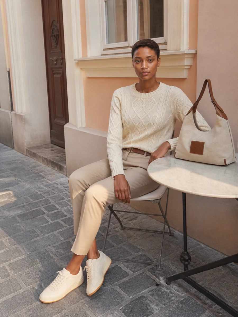 Max mara cable sweater camel trousers outfit