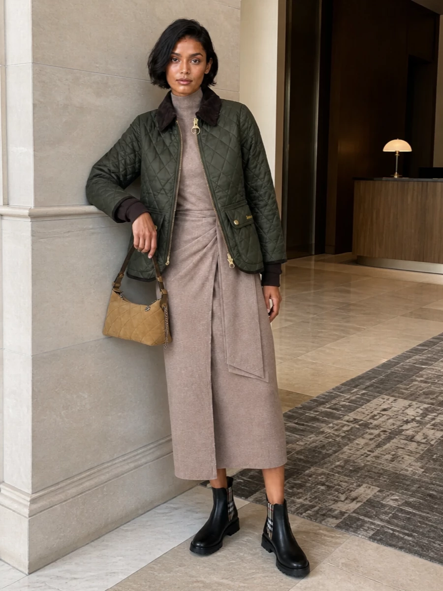 Max mara knit dress barbour jacket burberry boots