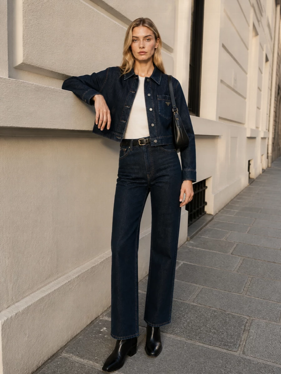 Prada dark denim jacket straight jeans boots