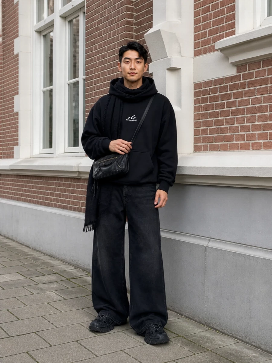 Balenciaga black hoodie wide leg jeans outfit