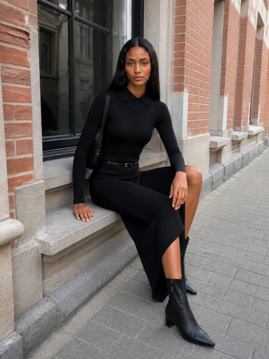 Jil sander black asymmetric skirt turtleneck outfit