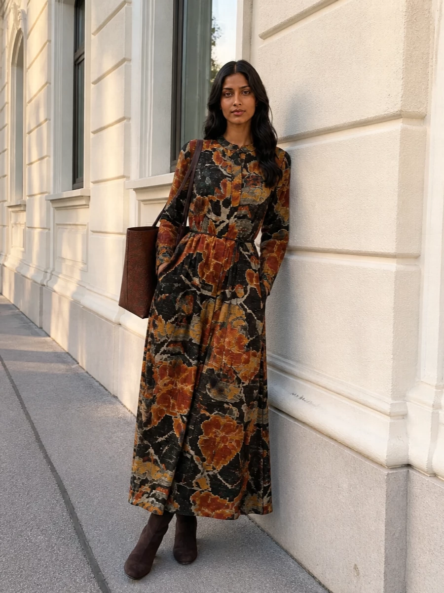 I anchored the outfit with the painterly Pierre Louise Mascia belted maxi, which echoes the Etro tote’s tapestry paisley and warm rust and ochre tones for a refined boho fall mood. The chocolate Gianvito Rossi ankle boots ground the print, tie into the bag’s deeper browns and keep the silhouette long and fluid without feeling fussy. Choosing the dress route rather than knit and trousers lets the bag read as a statement piece against one sweeping, romantic line.