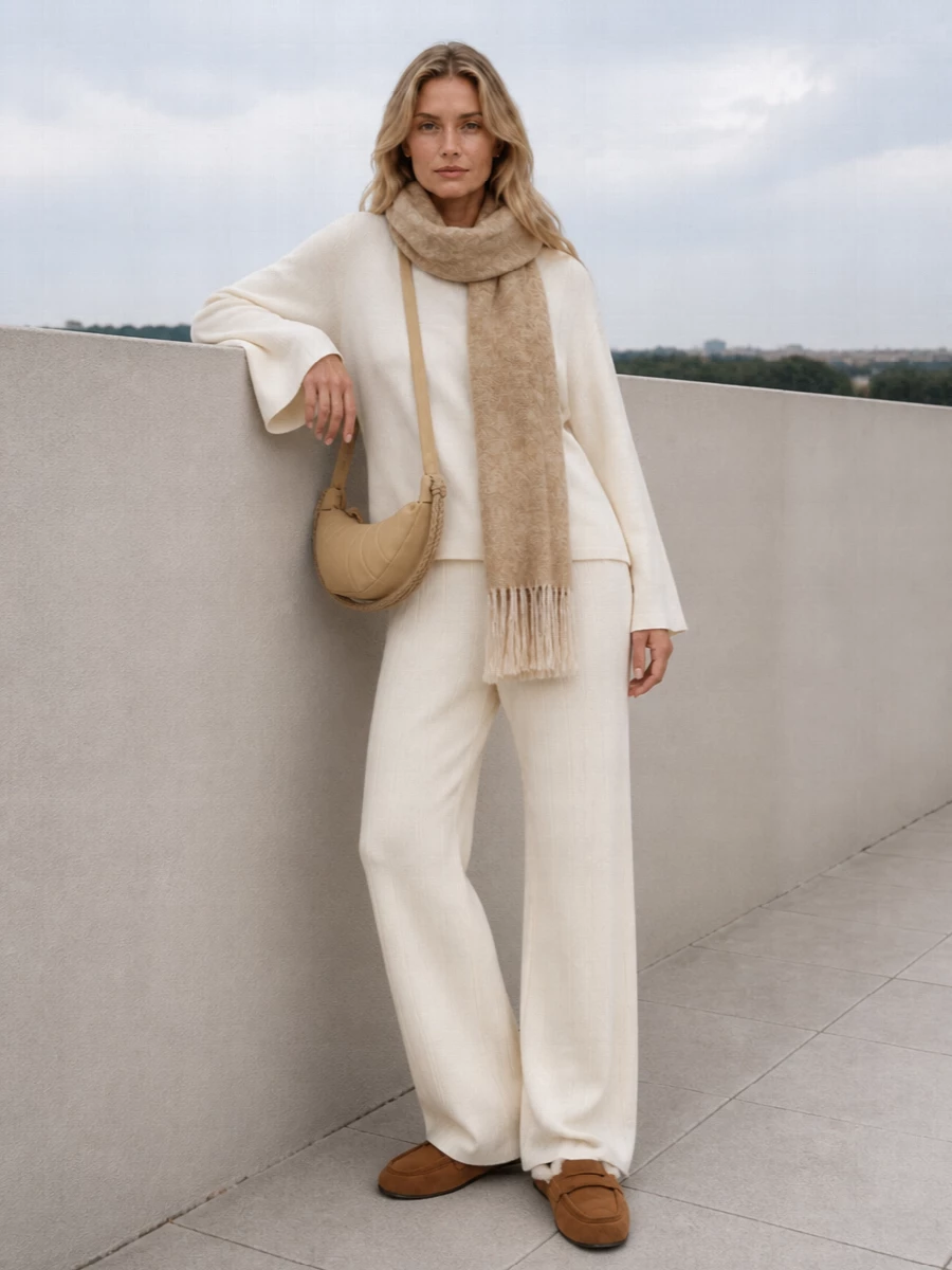Max mara wide leg trousers neutral knit outfit