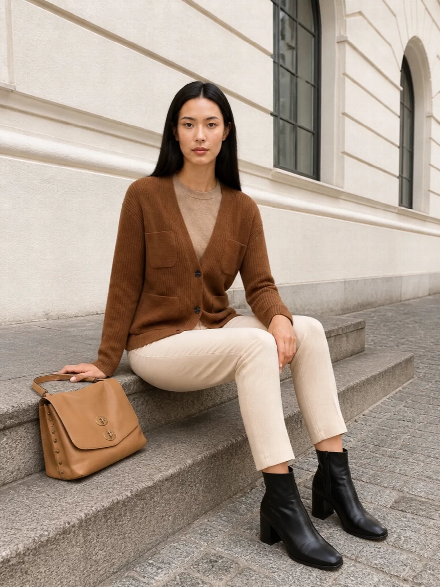 Max mara camel cardigan cream trousers outfit