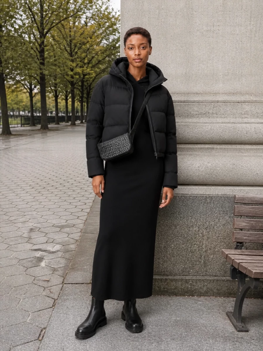 This is a clean winter city uniform built on a dialogue between two hoods: a cropped Bottega puffer framing Fendi’s long black knit column. The proportions stay sharp and vertical, with chunky Chelsea boots and a slim woven crossbody keeping the mood practical, polished and quietly directional for day into low-key evening. I chose the dress route over tailoring to let the puffer’s streetwear energy read streamlined rather than corporate.
