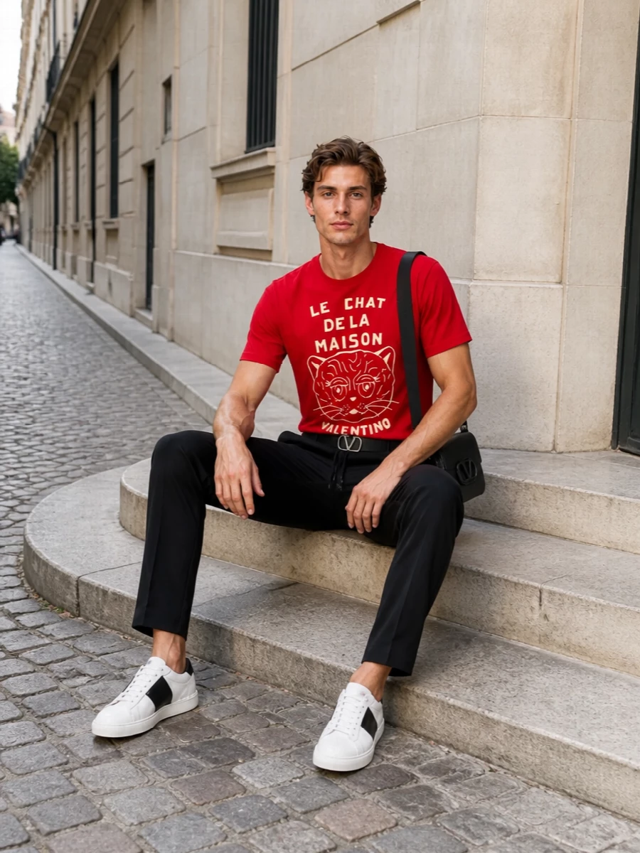 Valentino red tee black track pants sneakers