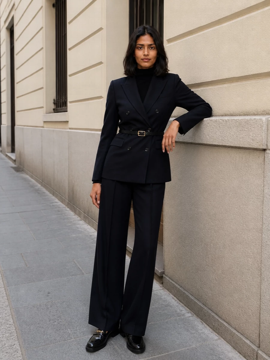 Tagliatore navy blazer wide leg trousers outfit