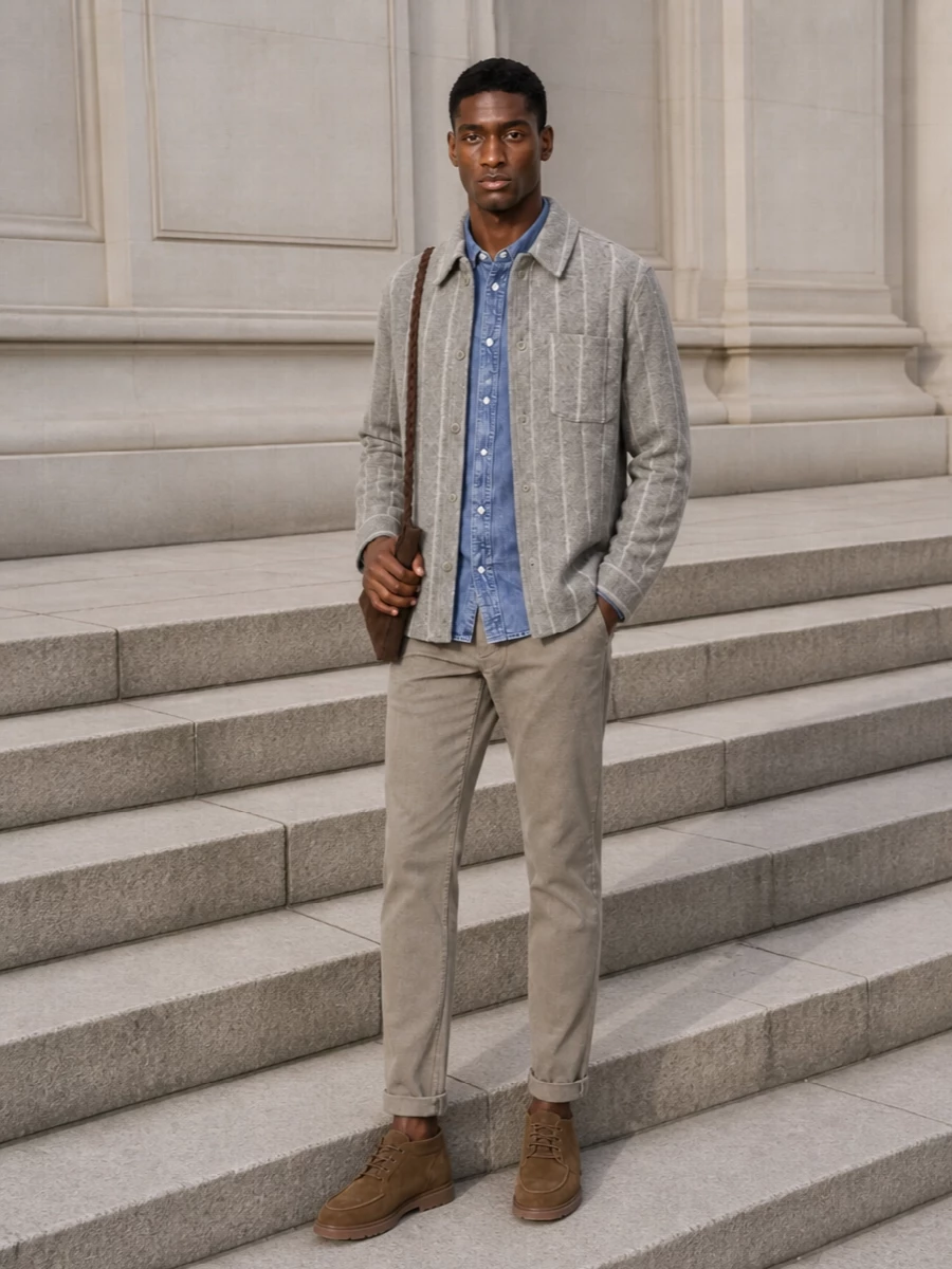 Les deux shirt jacket taupe chinos tods boots