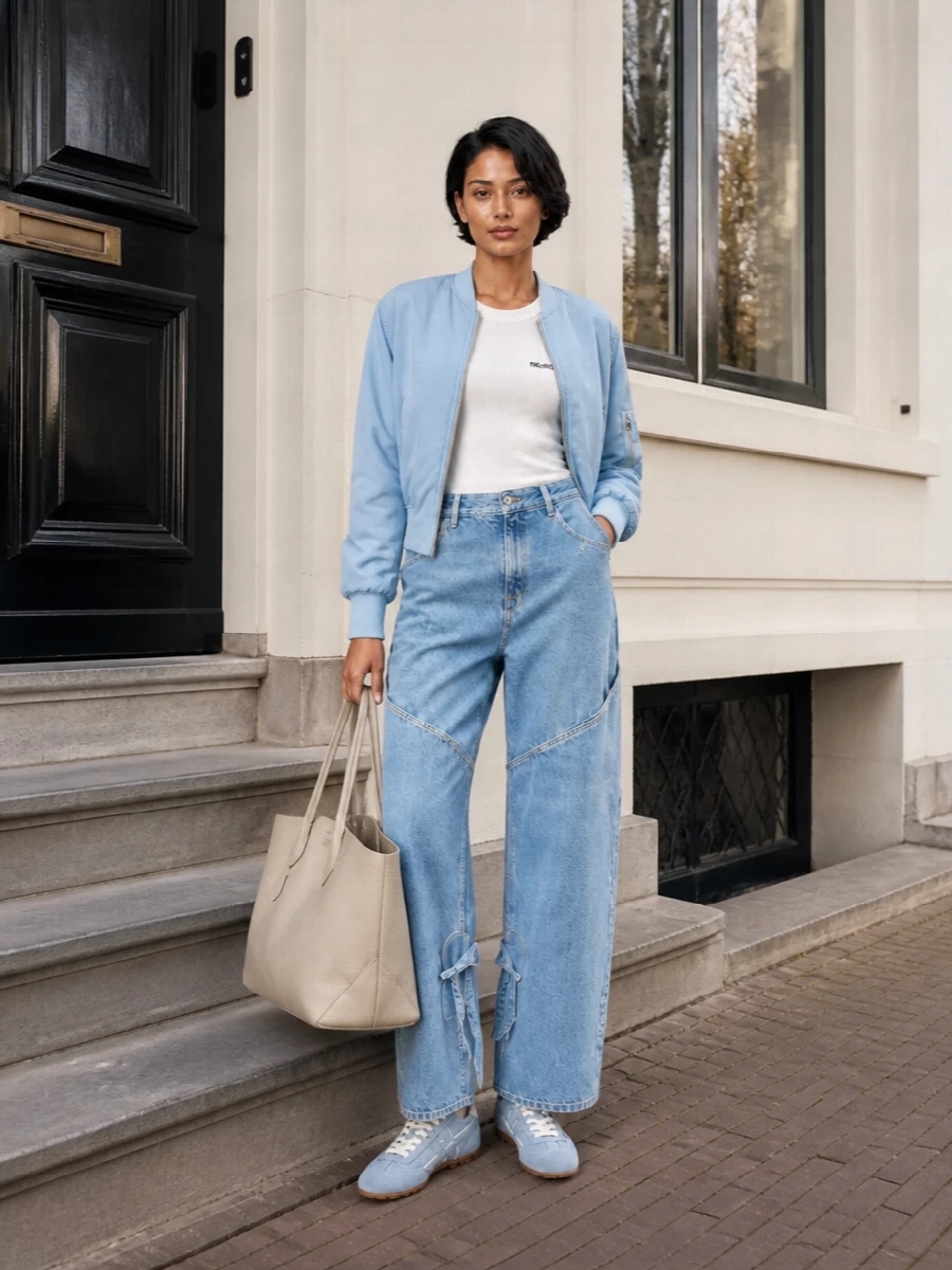 The attico bomber wide leg jeans outfit