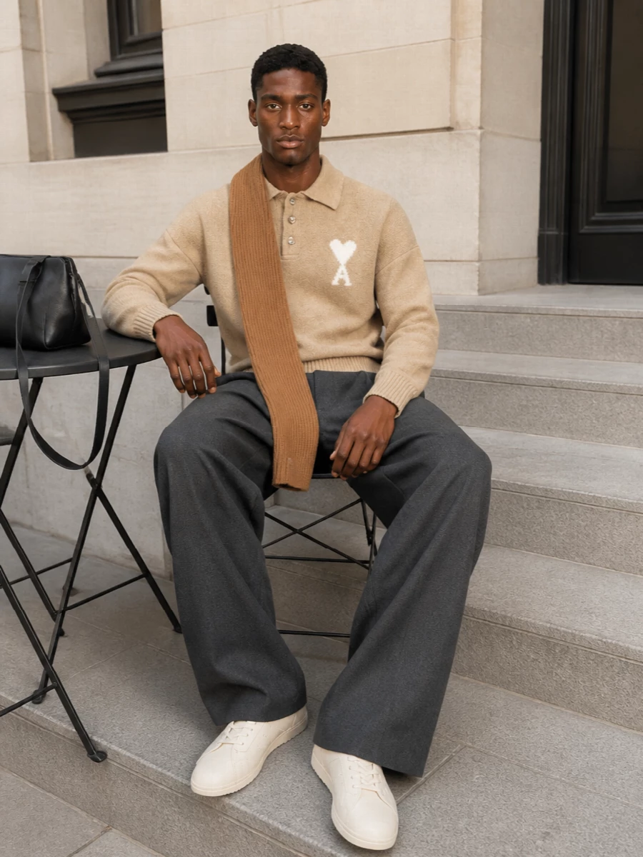 Ami camel polo wide leg charcoal trousers