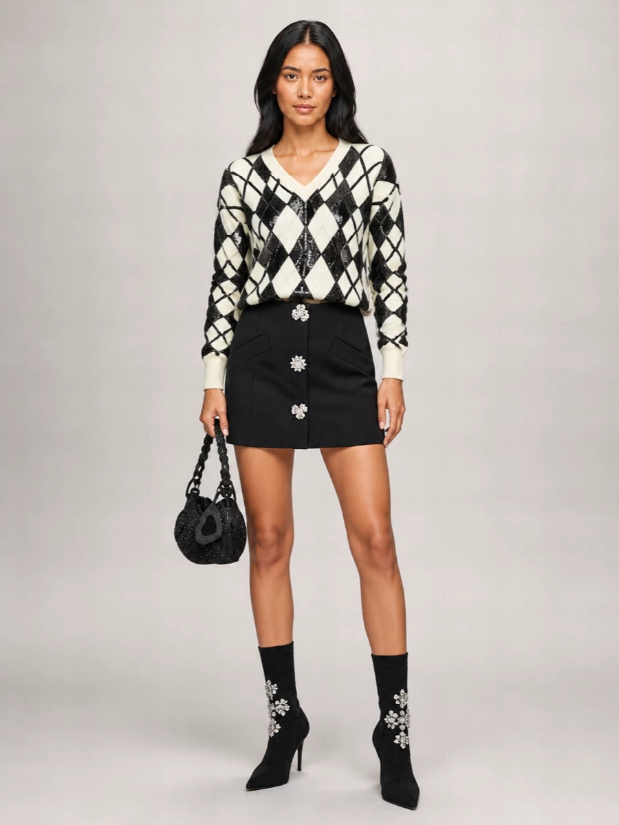 A sequined argyle sweater meets a crystal-button mini for a monochrome party ensemble that feels graphic, feminine and distinctly Y2K. Sharp black sock boots and a studded crescent bag keep the lines long and clean while doubling down on dark sparkle. Crystal-detailed socks are the only extra shine you need, catching the light with every step without cluttering the silhouette.