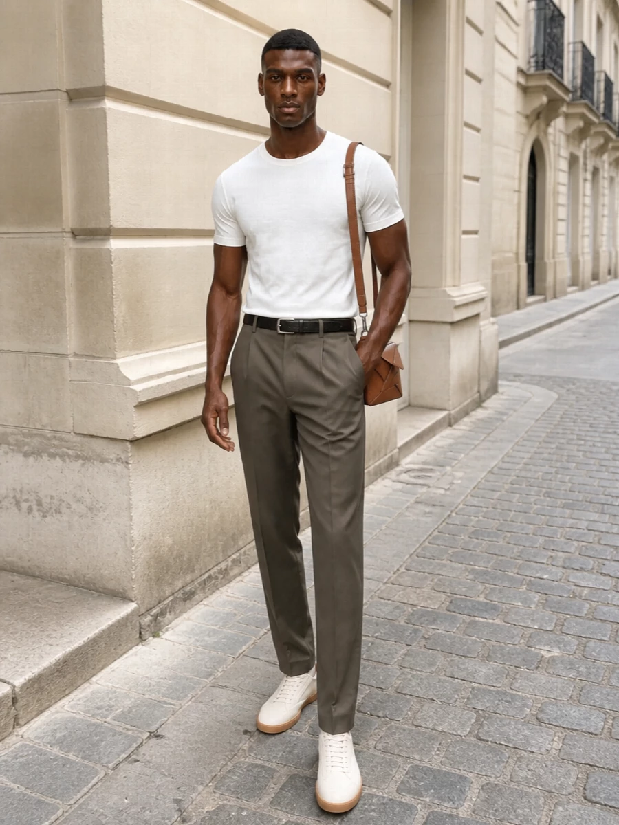 This look takes the pristine white Zegna tee and grounds it with olive‑taupe tailored trousers for a softly defined, minimalist silhouette that feels elevated yet easy. Cream leather sneakers and a warm tan Loewe bag keep the palette sunlit and tonal, while a slim leather belt adds just enough structure to retain that quiet, precise elegance. The result is relaxed SS tailoring that reads instantly luxurious without ever feeling over‑styled.