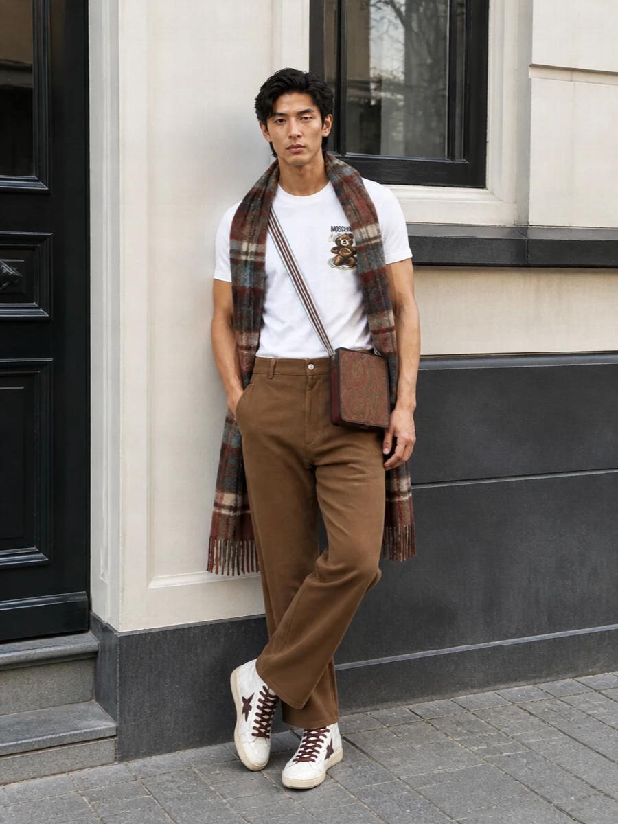 Moschino teddy tee camel trousers outfit