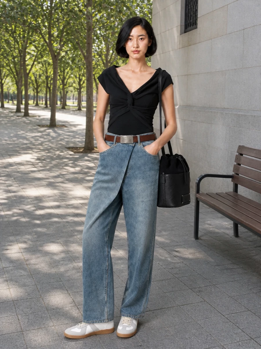 Maison margiela asymmetric jeans black top outfit