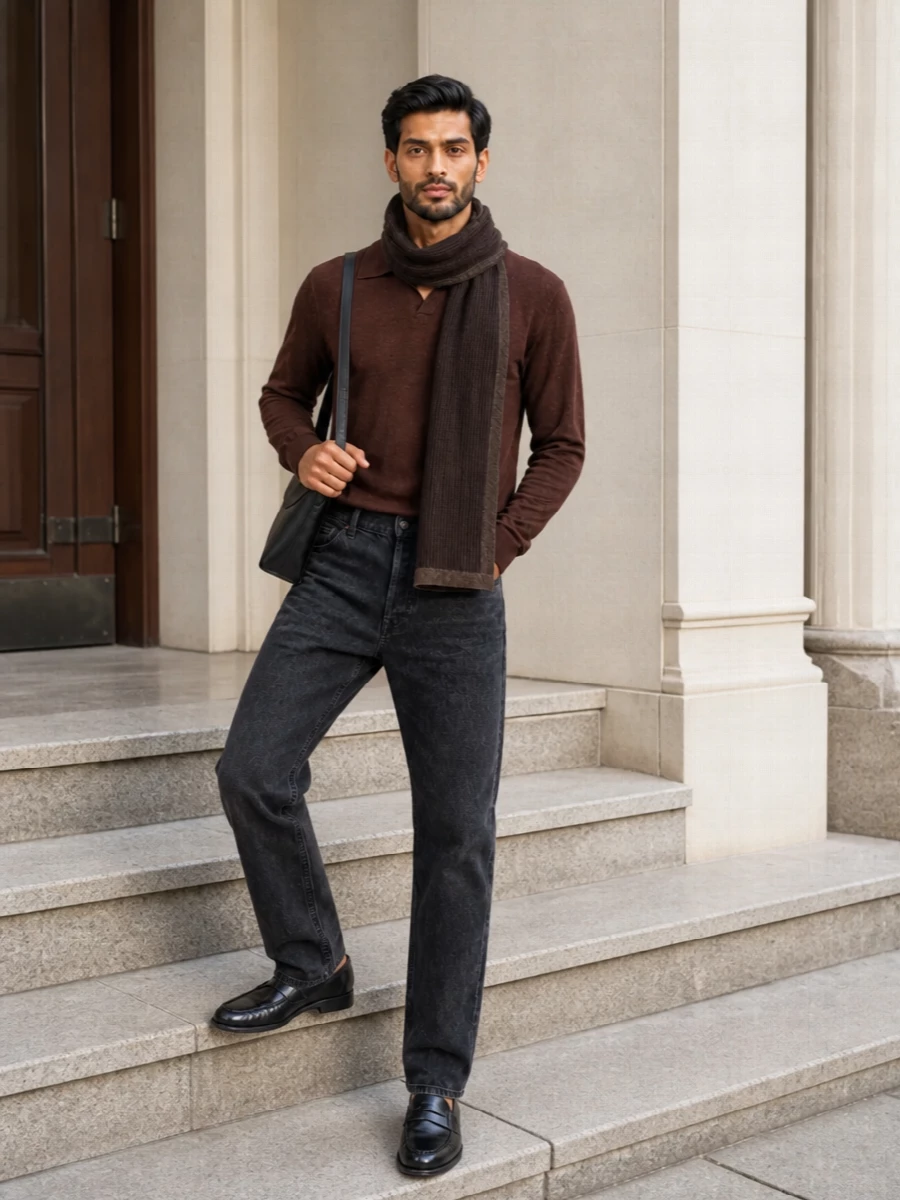 The row chestnut polo charcoal jeans prada bag