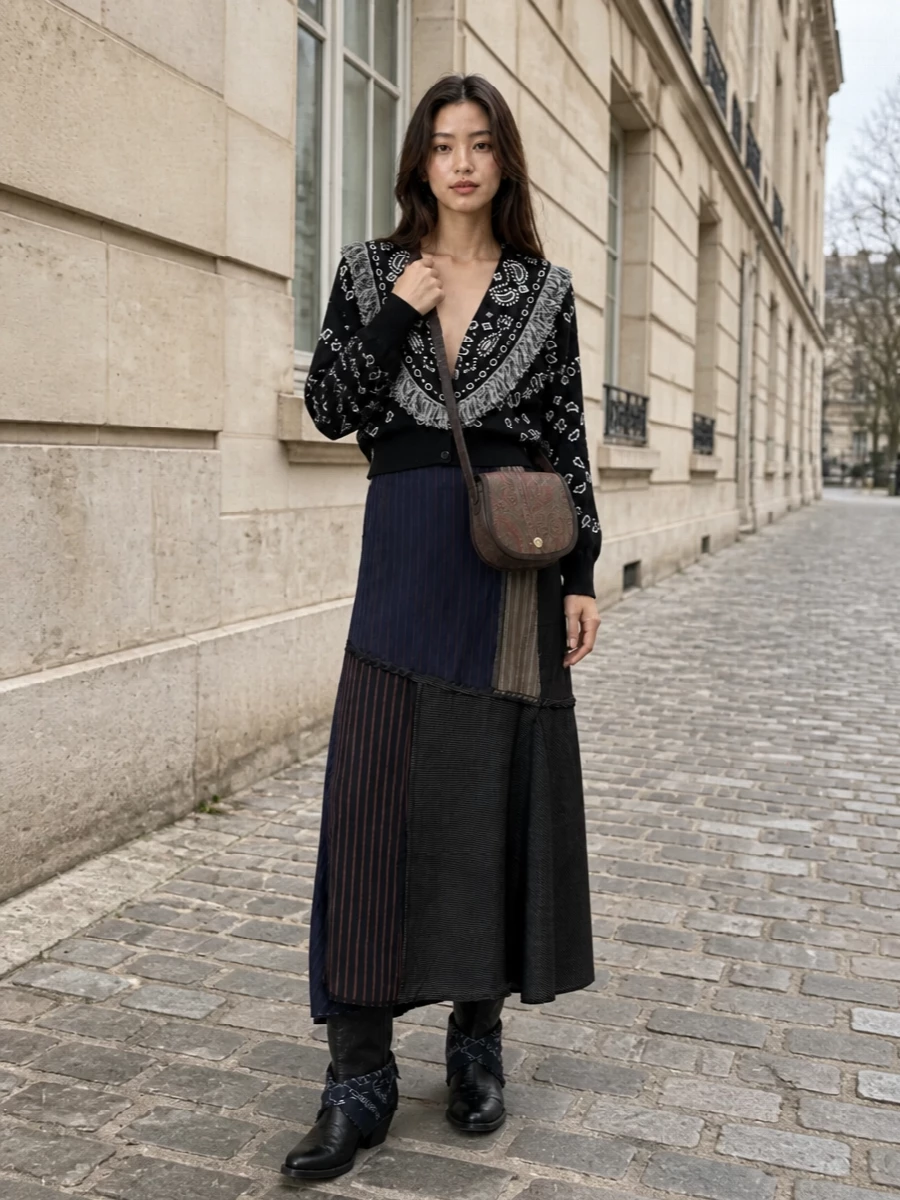Alanui’s cropped bandana cardigan sits over Margiela’s deconstructed pinstripe maxi, creating a long, graphic line that still feels easy to wear. Western-inflected Golden Goose boots and a paisley Etro cross-body nod to boho without losing the city polish, the dark neutrals tying everything into a quietly dramatic cold-weather outfit. The mix of texture, print and proportion feels intentional rather than busy, perfect for nights when you want personality and comfort in equal measure.
