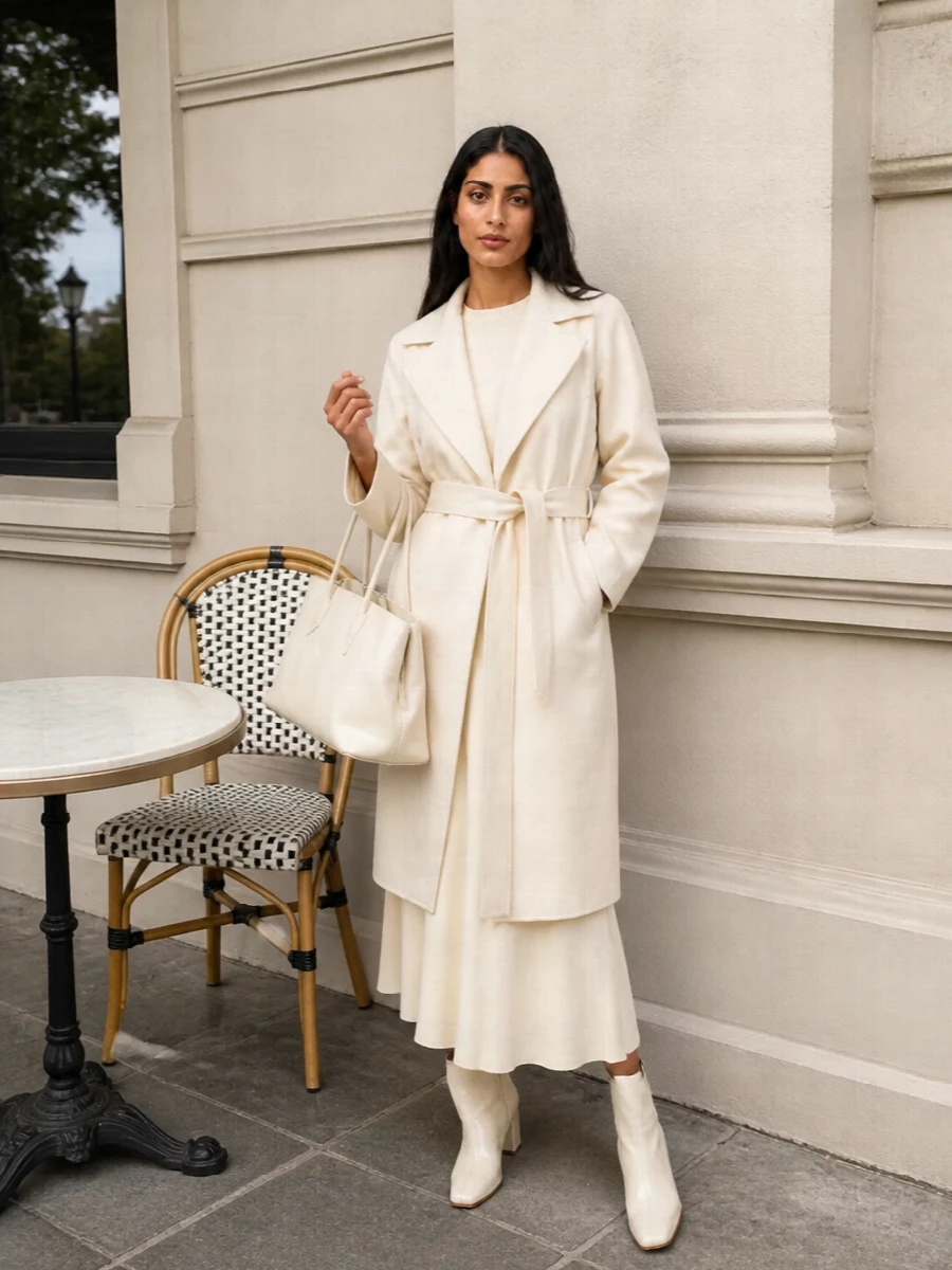 I chose the dress route so the Max Mara coat can sit over a single, fluid column rather than competing with tailoring layers on both top and bottom. The buttercream Lemaire knit dress, cream patent ankle boots and sculptural cream tote create a restrained, tone-on-tone winter ensemble that feels modern and assured without a single hard contrast. Everything works through nuance in texture and proportion, letting the coat stay central but never shouty.