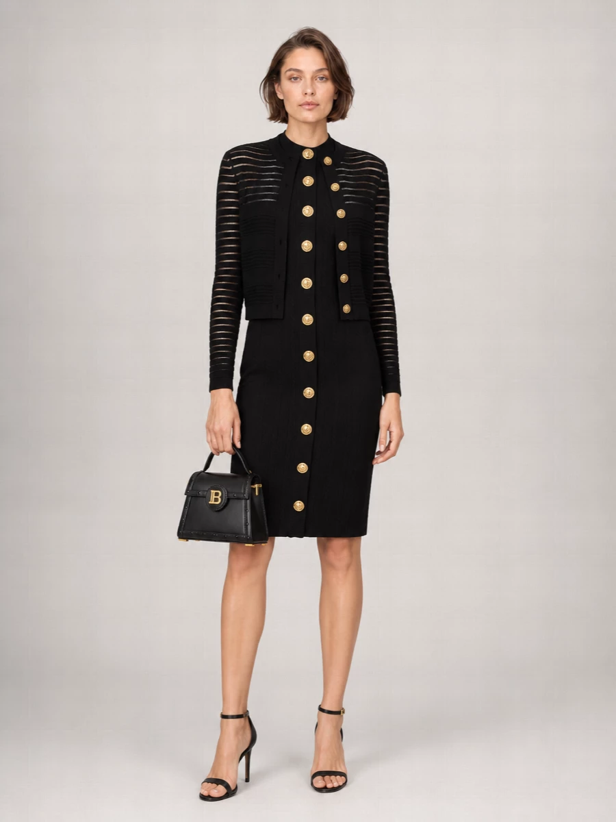 Balmain Semi-Sheer Striped Cropped Round-Neck Long-Sleeve Cardigan