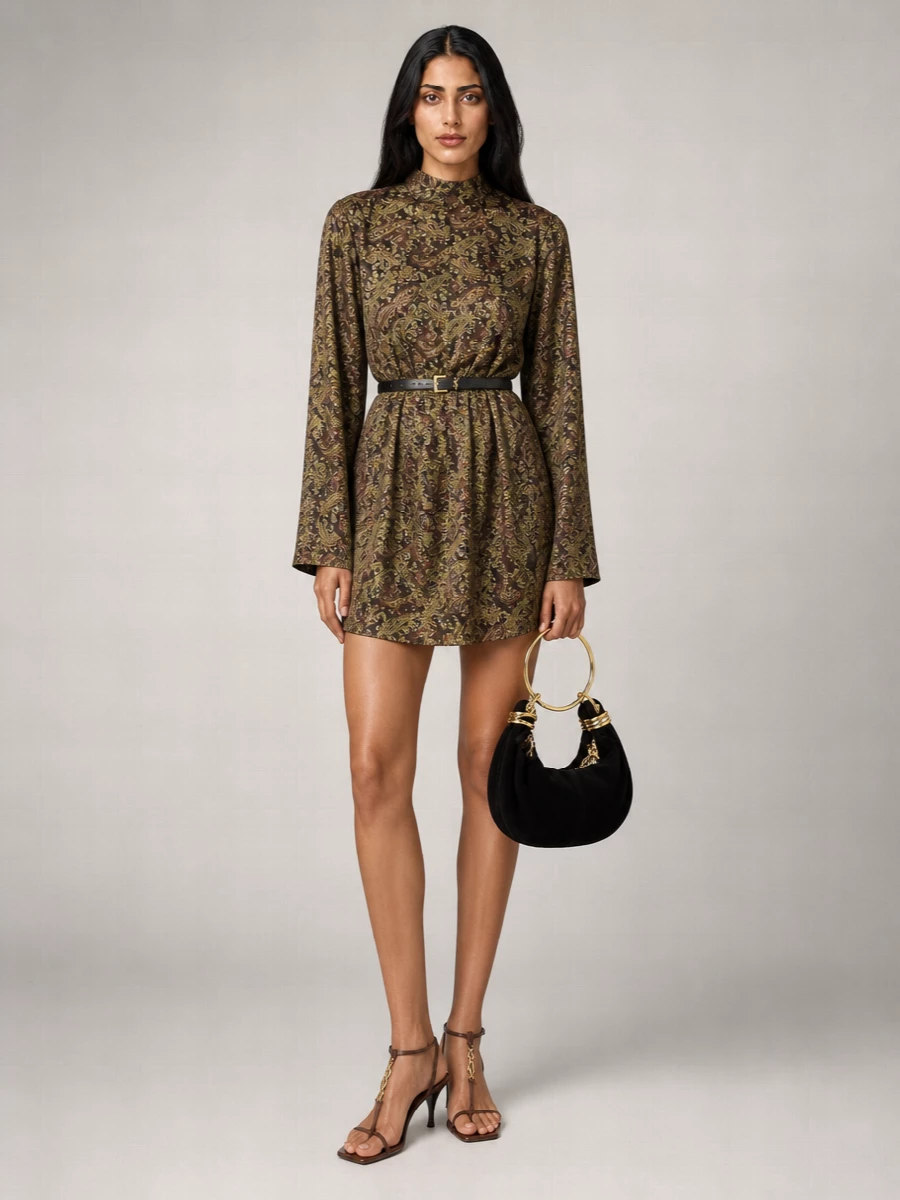 Saint Laurent Silk Printed Long-Sleeve Cutout Mini Dress