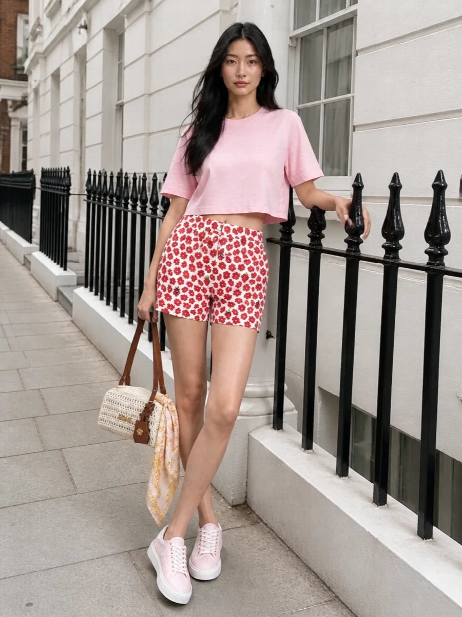 Versace floral shorts pink tee sneakers outfit