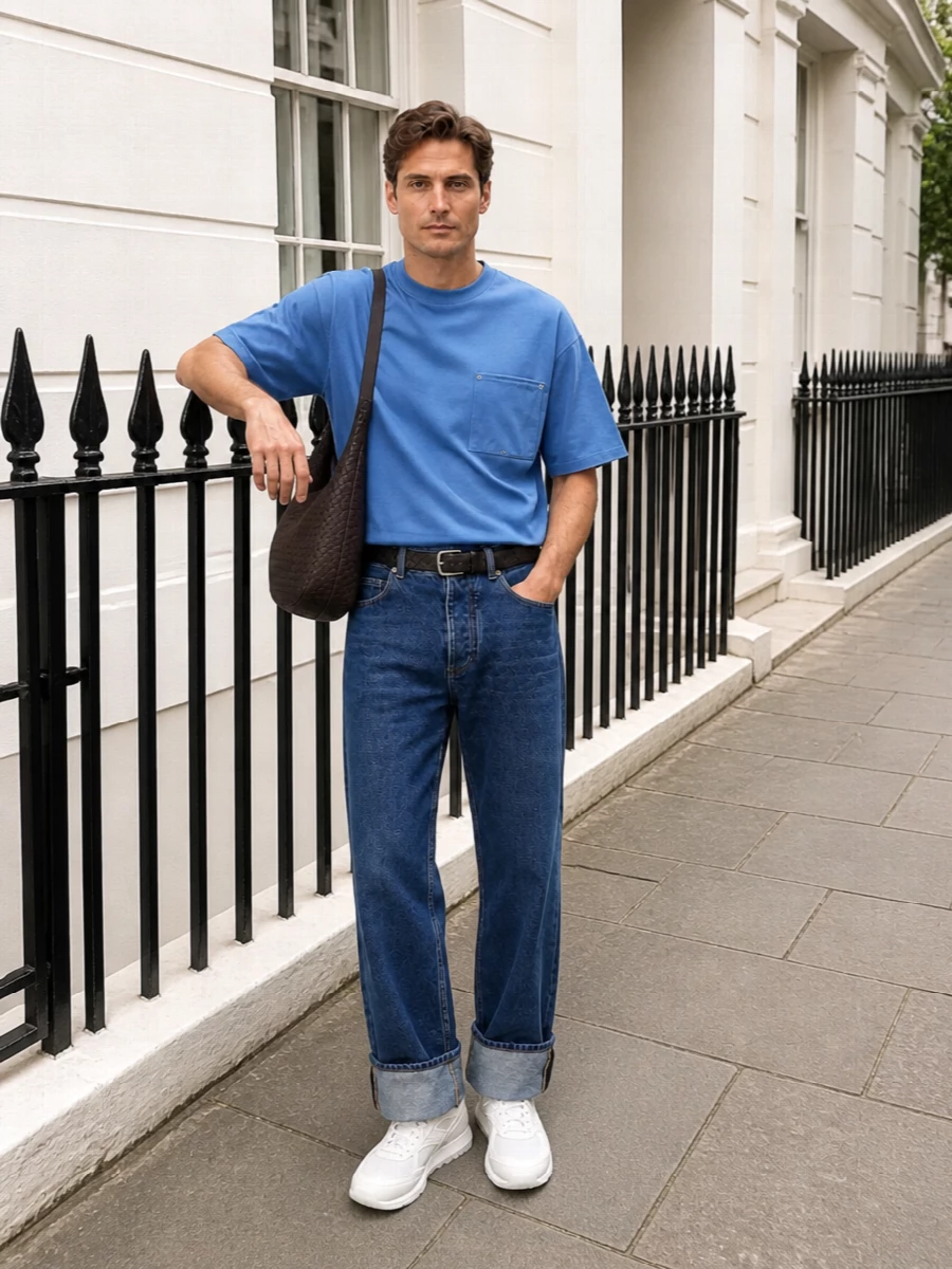 Bottega veneta wide cuff jean sky blue tee outfit