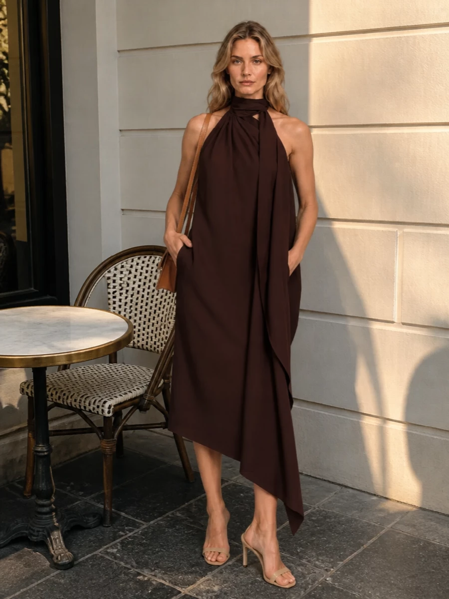 A rich chocolate one-shoulder midi and the tan Jacquemus bag create a warm, sculptural evening story that feels restrained yet confident. I chose the dress route so the drape and neckline stay uninterrupted, with the nude slingback simply lengthening the line rather than competing with the architecture. The result is a quietly opulent brown-and-caramel palette that works from gallery dinner to late-night bar without a single harsh contrast.