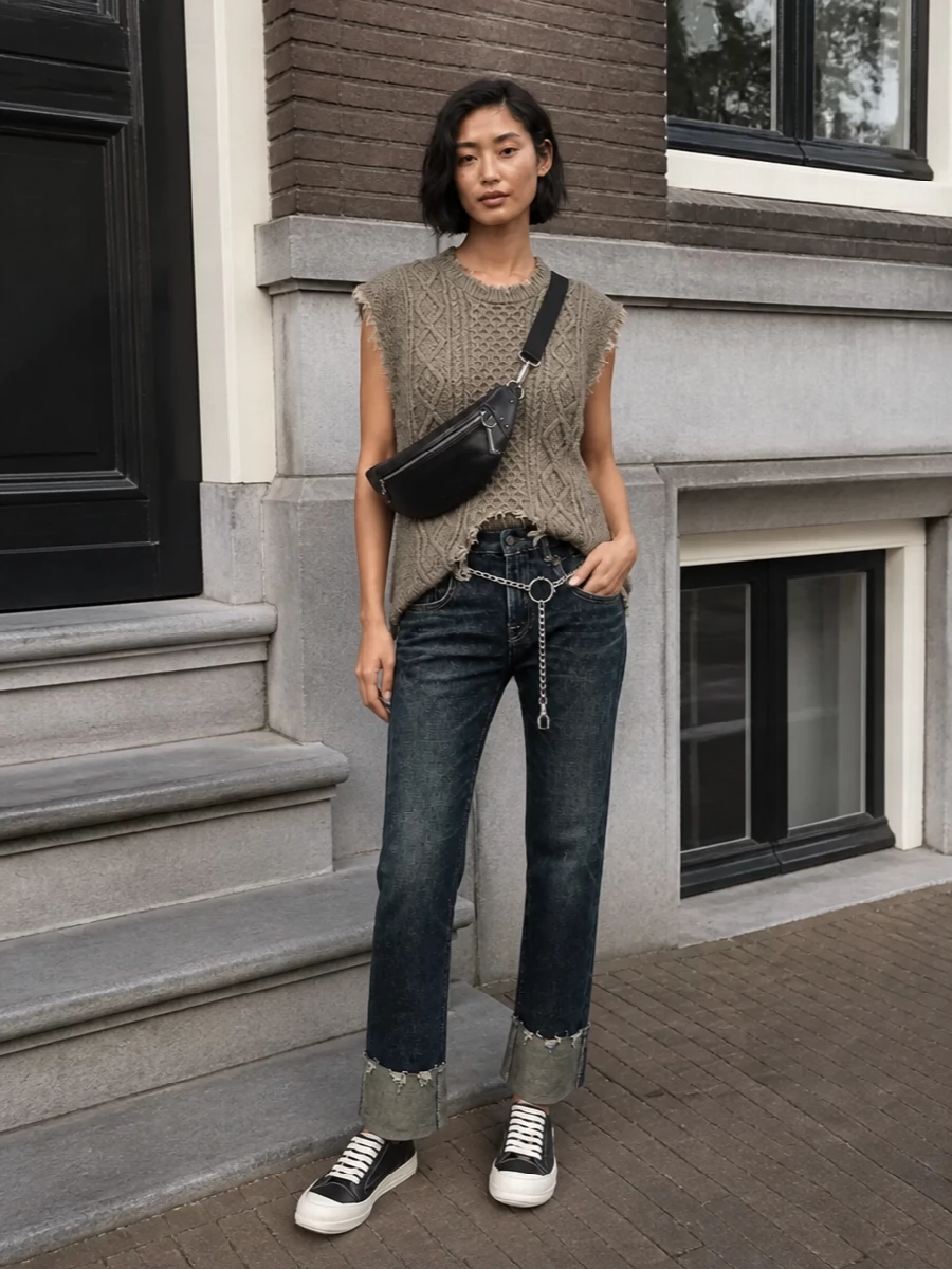 R13’s distressed cuffed denim is paired with a frayed, boxy cable vest for a slouchy, downtown mix of texture that still shows off the mid-rise waist. Rick Owens sneakers and a streamlined belt bag keep the palette sharp in black and bone, while a Margiela chain belt injects just enough hardware to make the whole thing feel considered rather than thrown together. It is a gritty, utility-driven city uniform that leans hard into grunge but stays clean in its proportions.