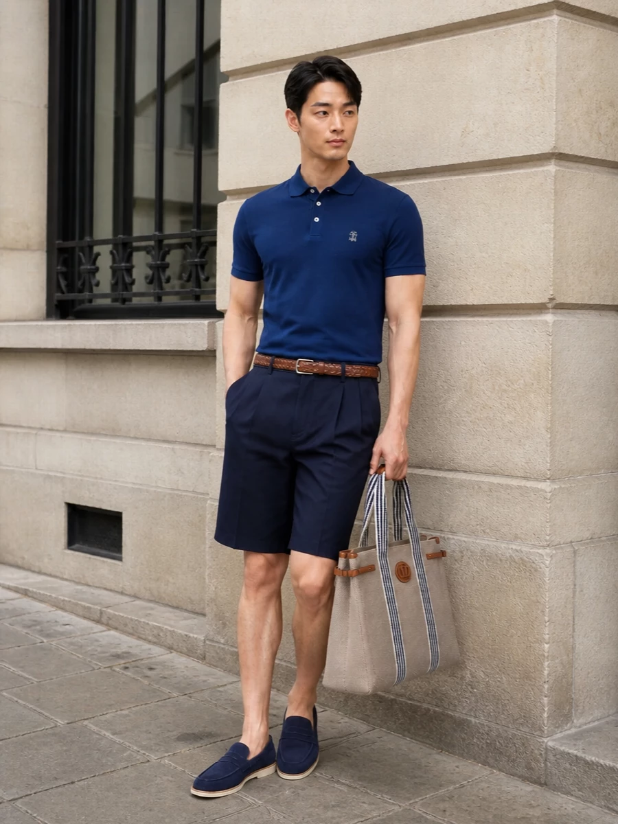 Pair the navy Brunello Cucinelli polo with the pleated navy tailored shorts for a clean, tonal base that feels sharp yet relaxed in warm weather. Navy suede loafers keep the line sophisticated while the braided tan belt and canvas tote introduce just enough texture and lightness for an easy, Riviera-leaning SS look.