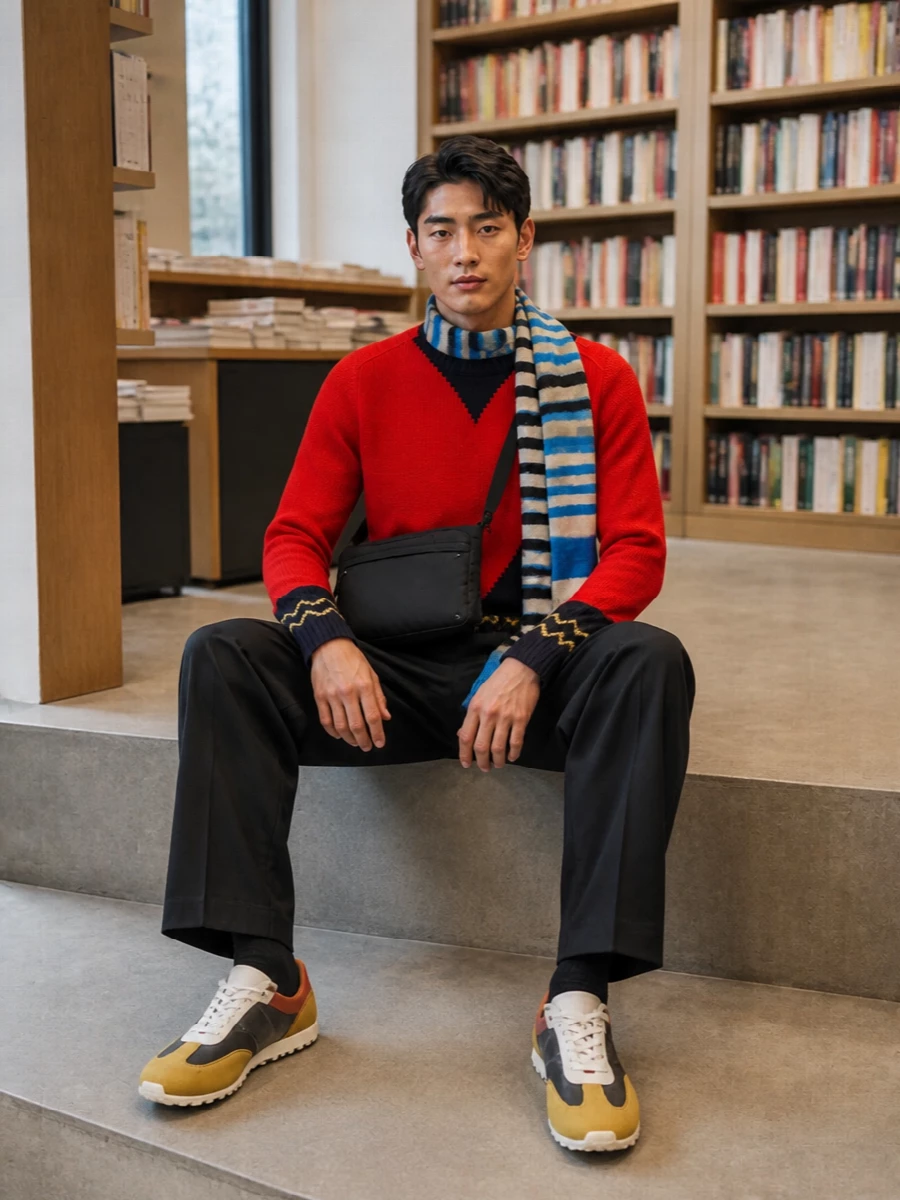 Bold and graphic on top, the knit sits against relaxed black pleats so the color and pattern stay in focus without feeling forced. Retro runners echo the mustard notes and keep it grounded in a sporty, city rhythm, while the quilted crossbody and striped scarf add texture and art-school detail. The result is a confident Marni-centric outfit that feels playful, modern and easy to wear all winter.