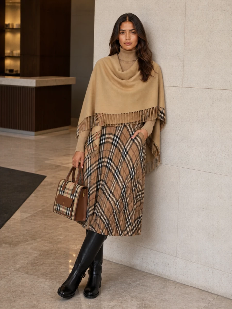 Burberry poncho camel turtleneck check midi skirt