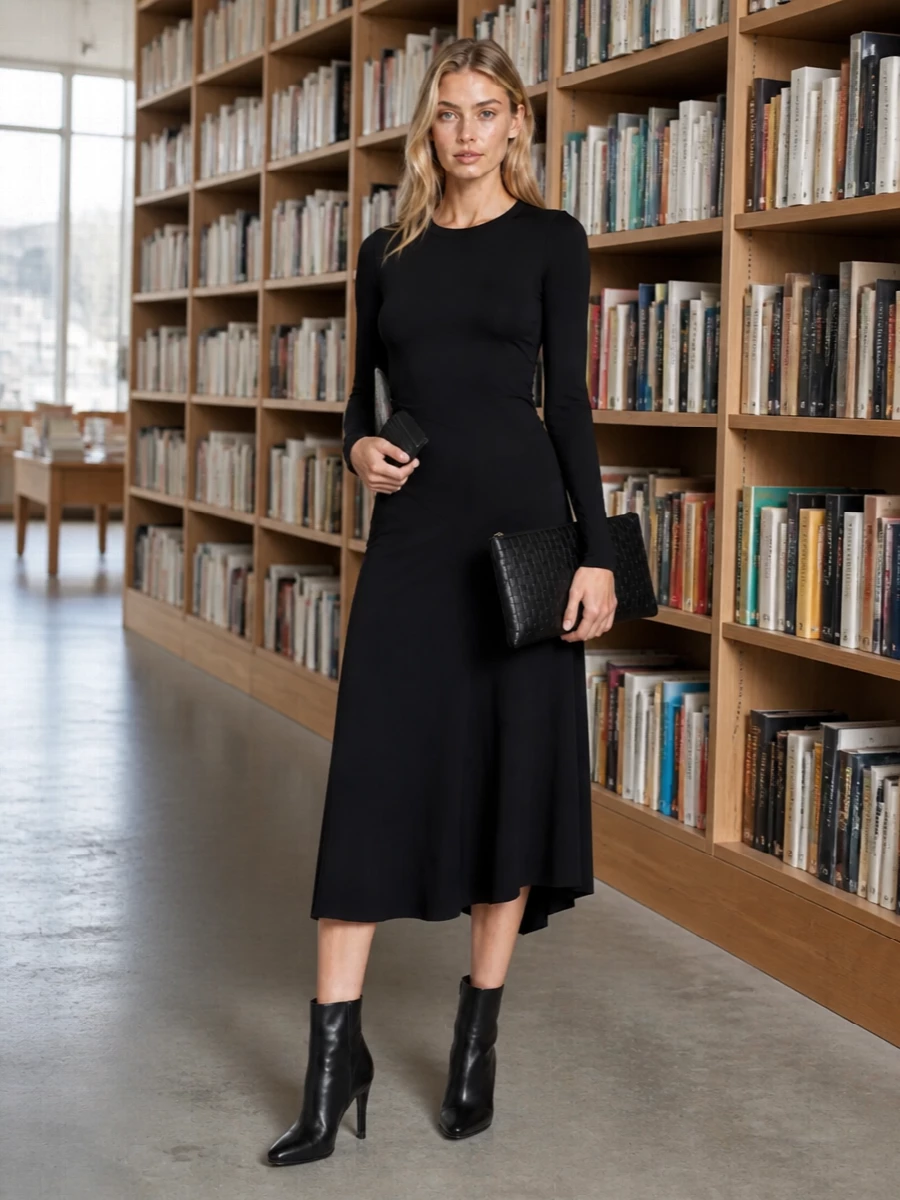 I chose the dress route to keep the story focused on a single, sculpted black column that directly reflects the cardholder’s quiet, tailored precision. The Victoria Beckham midi, Bottega ankle boots and intrecciato pouch build a cohesive black-leather narrative that feels polished enough for evening but still modern and restrained. It is a minimal, all-black solution where the interest comes from cut, texture and proportion rather than extra color or detail.