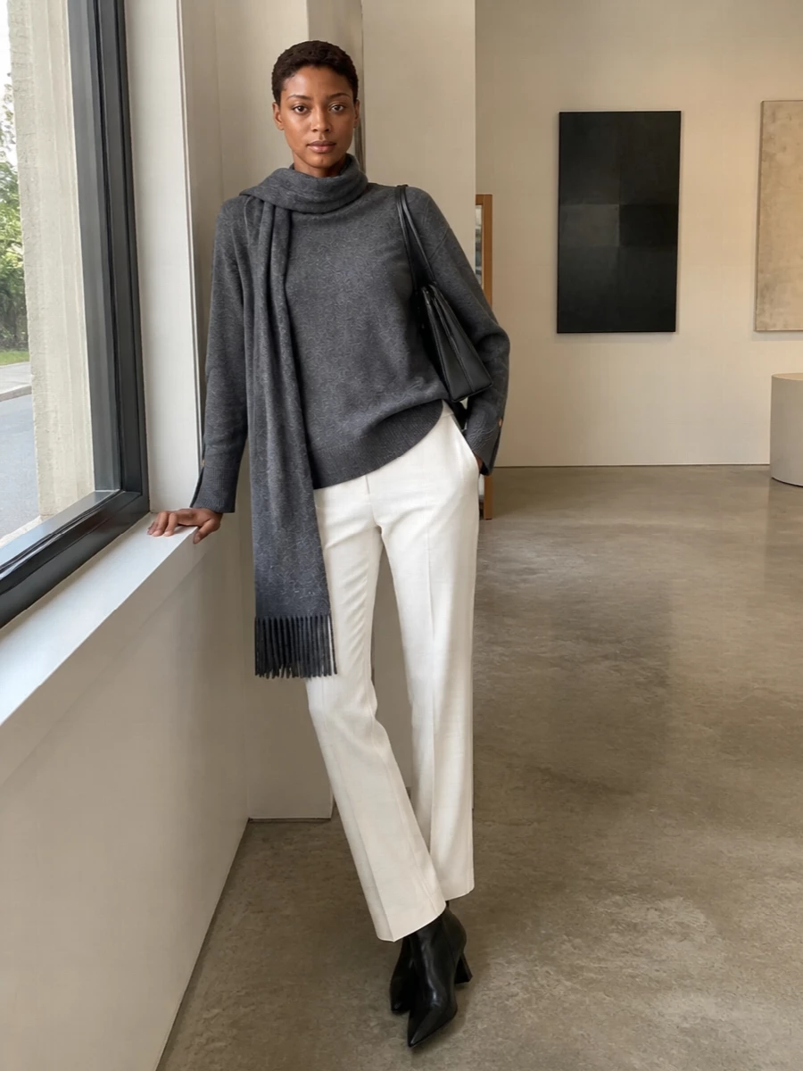 Stella mccartney grey sweater ivory trousers outfit