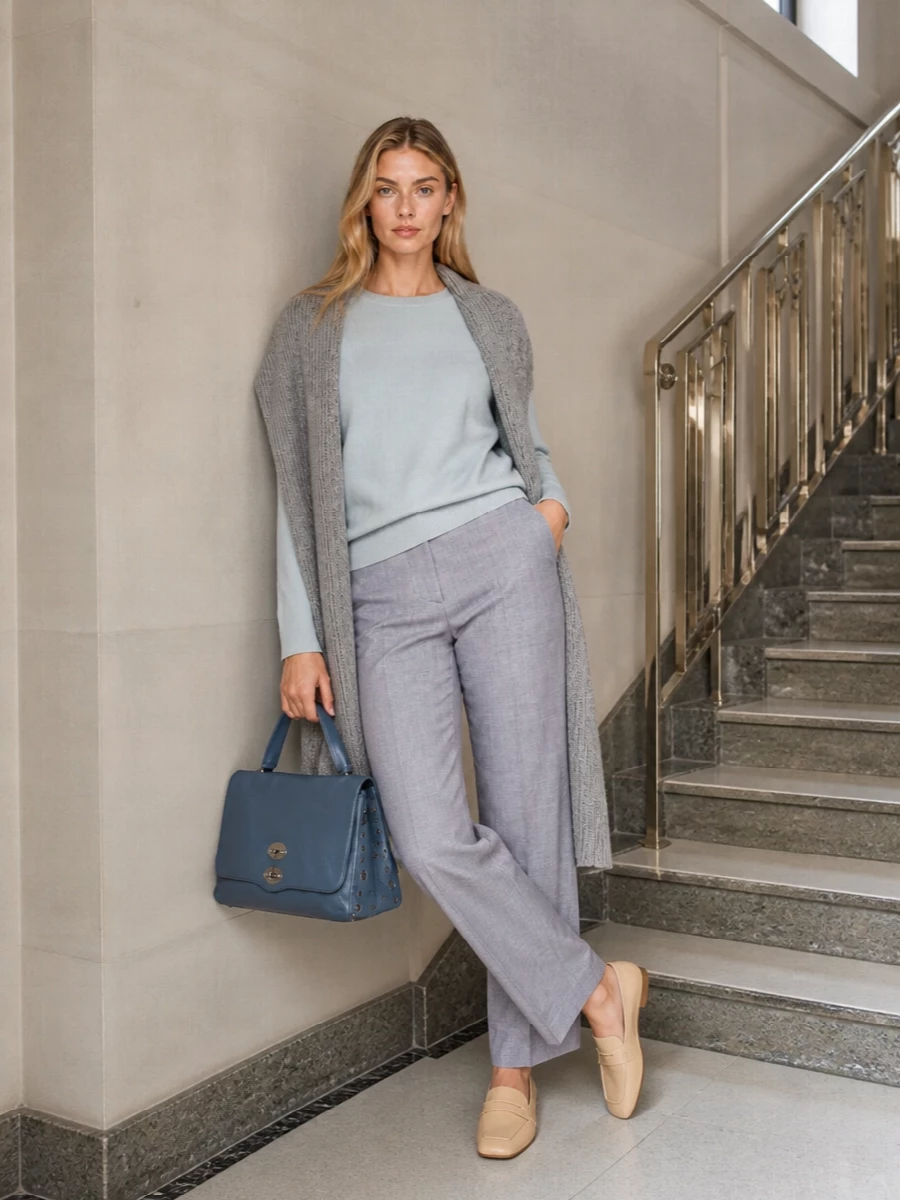Extreme cashmere blue sweater grey trousers