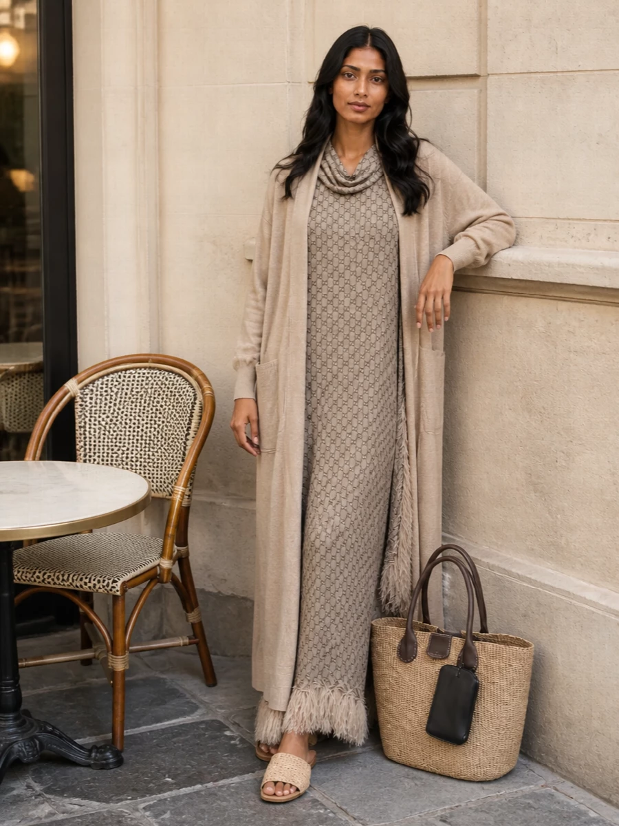 Gucci’s logo-fringed poncho sits at the center of a soft, sand-toned resort story, grounded by flat woven slides that keep the silhouette languid and relaxed. A structured raffia-and-leather tote adds just enough definition, bringing quiet Riviera polish without disturbing the cocooning ease. The result is a beach-to-cocktail ensemble that reads luxurious, sun-warmed and completely unforced.