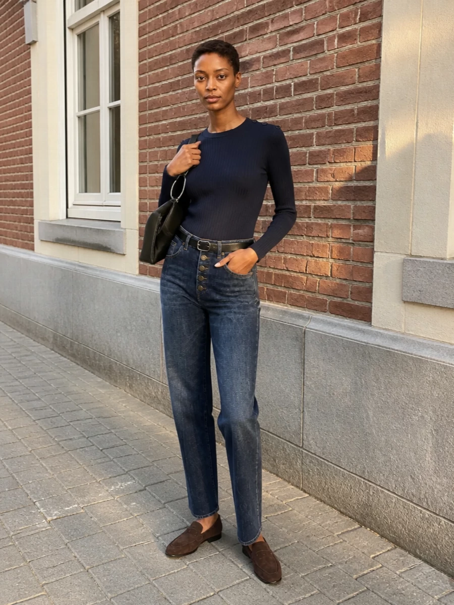 Dondup jeans navy knit tods loafers outfit