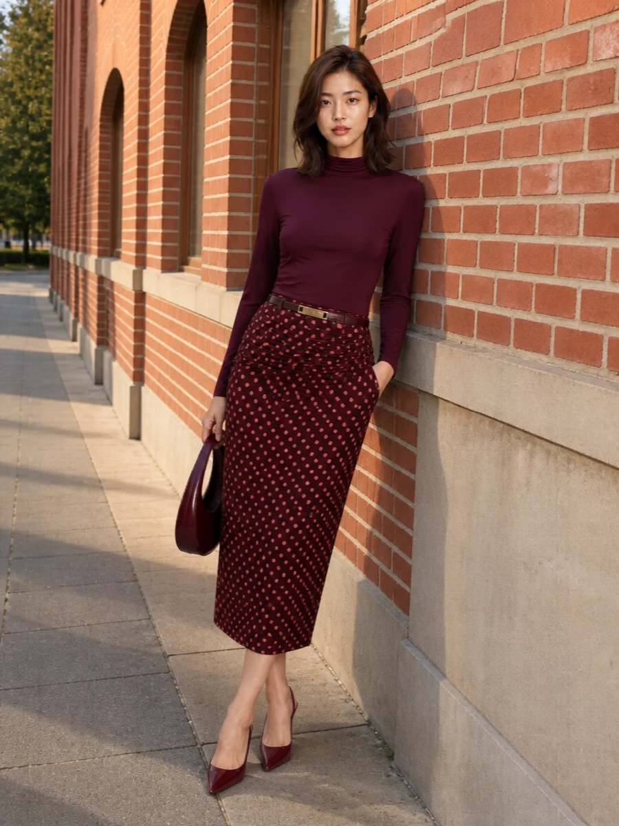 Stella mccartney burgundy midi skirt outfit heels