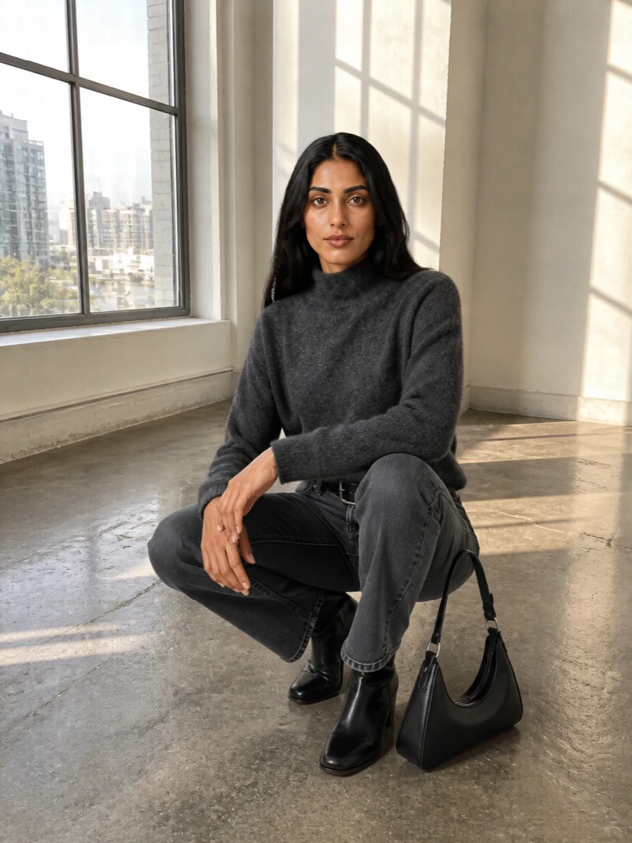 Washed charcoal denim, a soft mock‑neck knit and sharp black accents come together in a quietly composed city uniform. The straight leg and regular‑cut sweater create an easy, balanced line, while the pointed accessories add just enough precision. It is relaxed enough for daytime but reads considered and intentional up close.