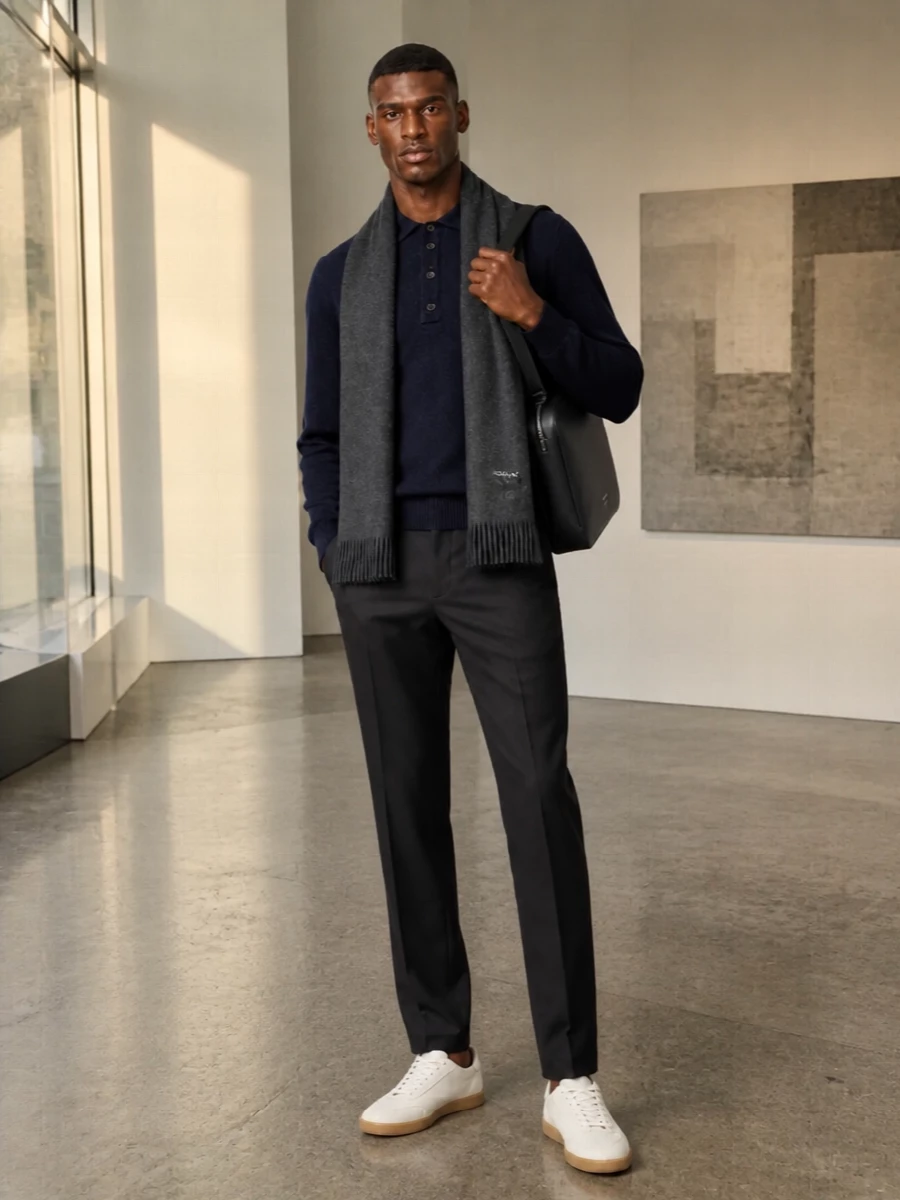 Zegna navy polo charcoal trousers sneakers