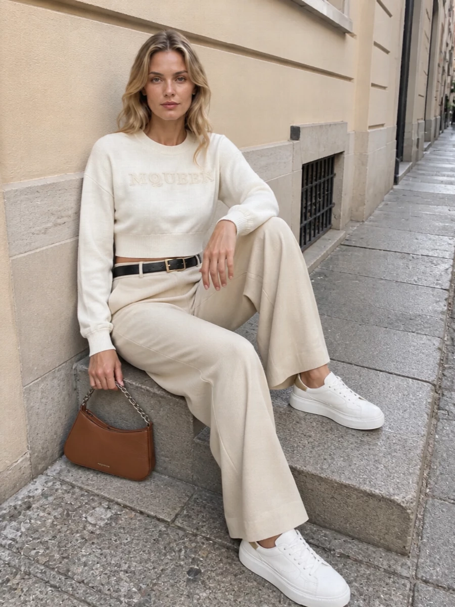 Alexander mcqueen ivory knit beige wide leg trousers