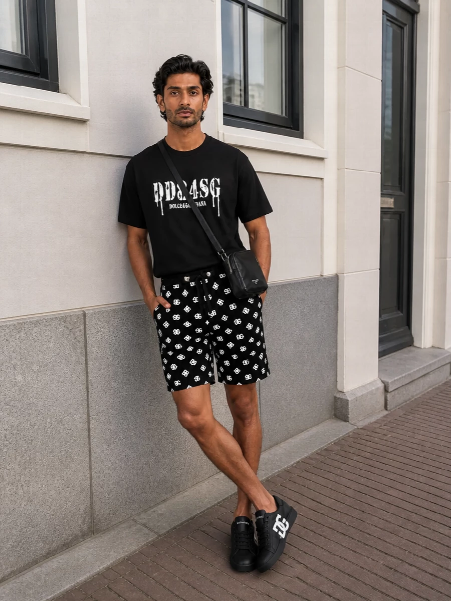 Head-to-toe monochrome keeps the DG monogram shorts feeling sharp rather than busy, anchored by a black graphic logo tee that matches their street-sport attitude. Streamlined black logo sneakers and a compact crossbody keep the lines clean and urban, while a slim black belt adds a small hit of structure at the waist. The result is a confident, logo-driven city uniform that stays tight in palette and relaxed in silhouette.