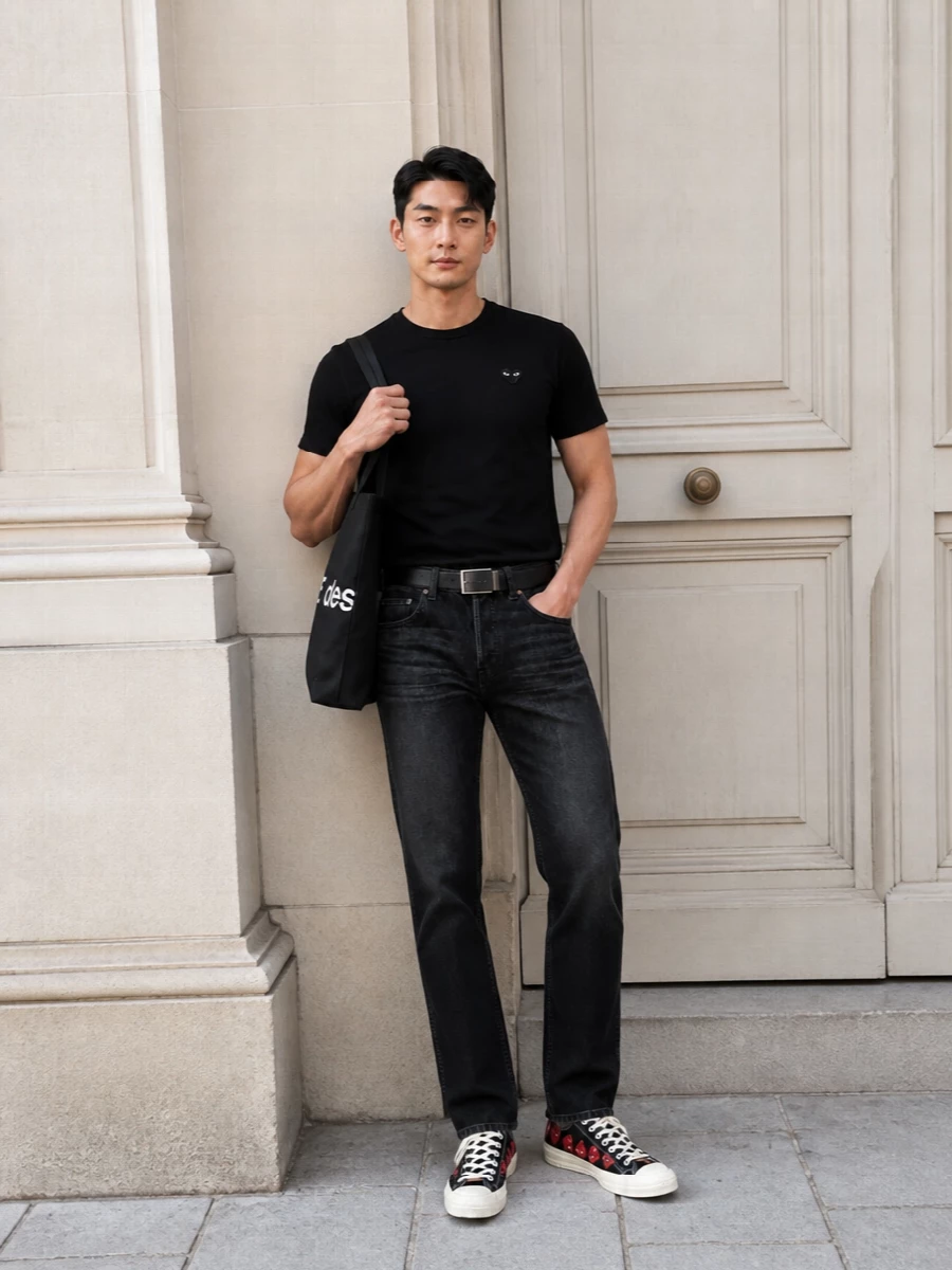 Comme des garcons play tee apc jeans sneakers