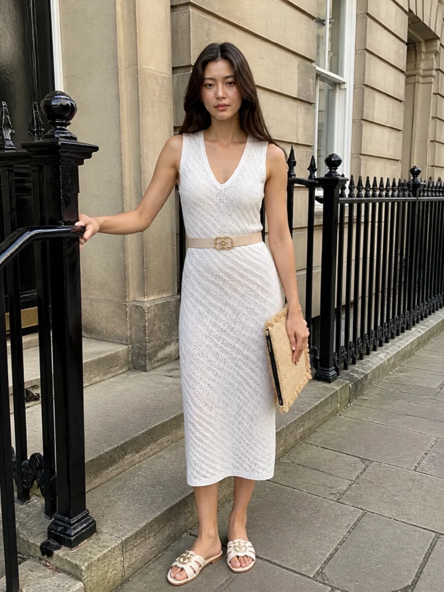 A sheer knit midi styled with creamy slides and a fringed straw clutch feels like it is made for late-afternoon drinks by the water. The nude belt adds just enough definition, keeping the line clean and easy while still tracing the body. Soft neutrals and airy textures keep everything light, sun-ready, and quietly sensual.