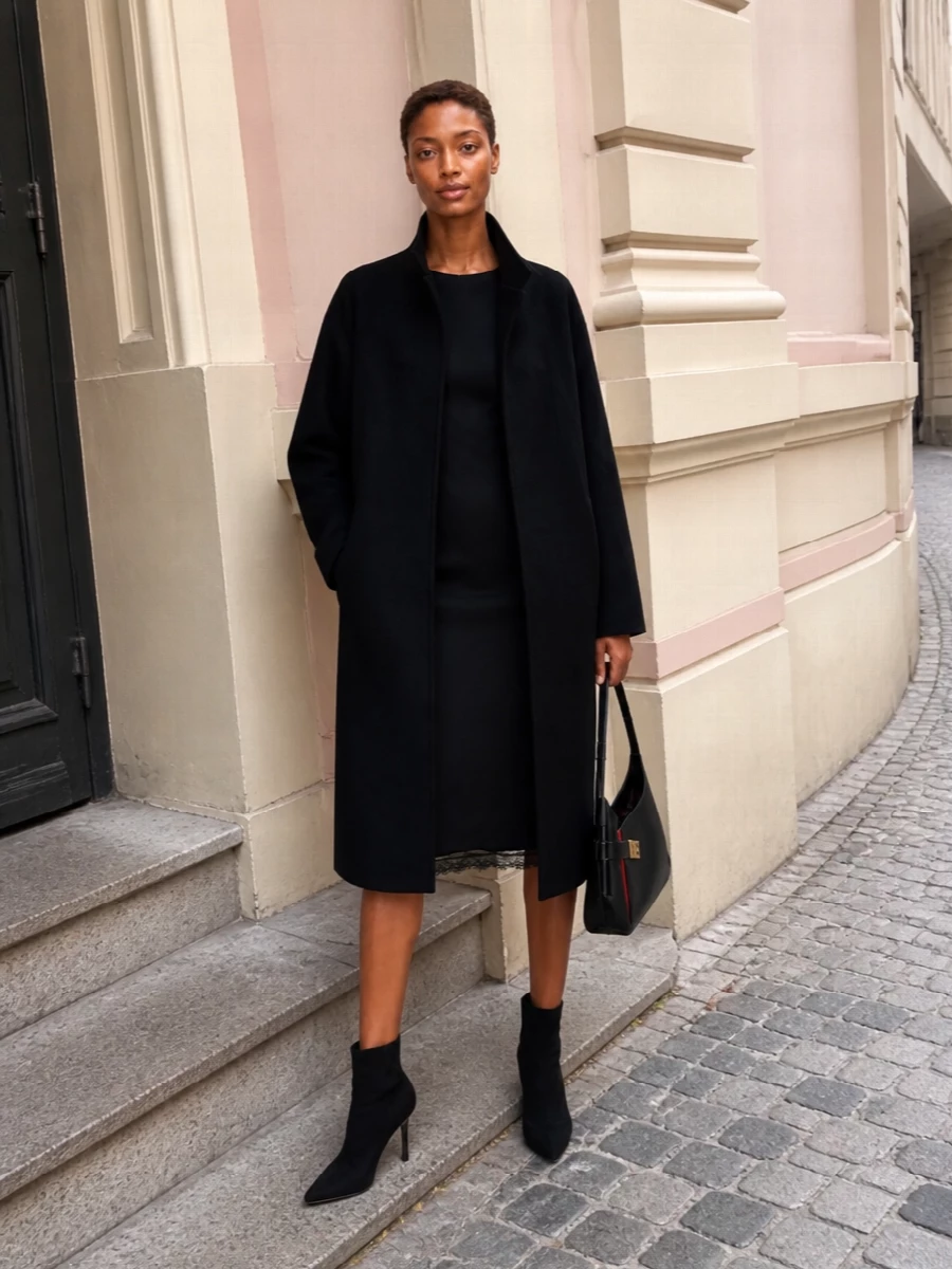 Alberta ferretti black coat sheath dress outfit
