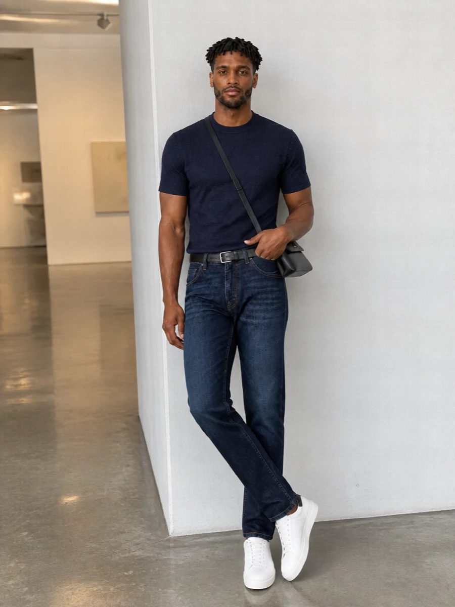 Emporio armani navy knit dark jeans white sneakers